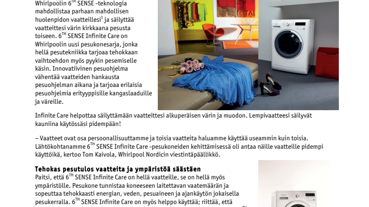 Whirlpool 6TH SENSE Infinite Care: Hellä vaatteille ja ympäristölle