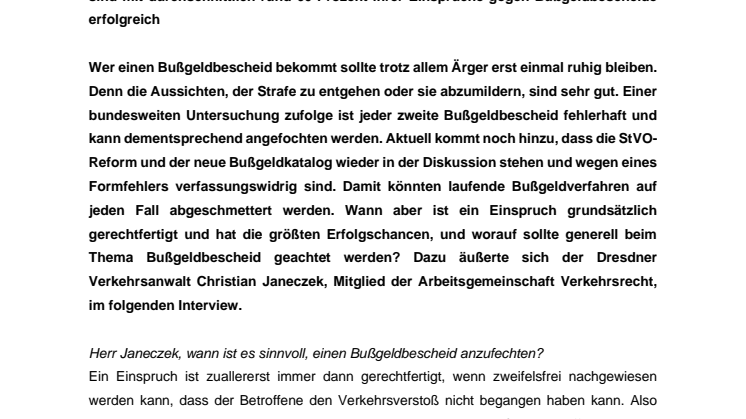 Interview mit dem Verkehrsanwalt Christian Janeczek:  Bußgeldbescheide keinesfalls vorschnell bezahlen