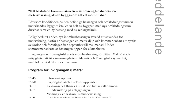 Press och media välkomnas till invigningen av Rosengårdsbadets inomhusbassäng 8/3