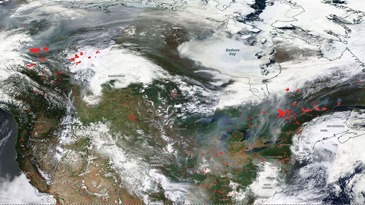 Figuren viser aktive branner (i rødt, fra MODIS og VIIRS satellittinstrumenter) og grå røykskyver 4. juni over Canada og USA. De hvite områdene er områder med skydekke. (Figur: NASA Worldview)