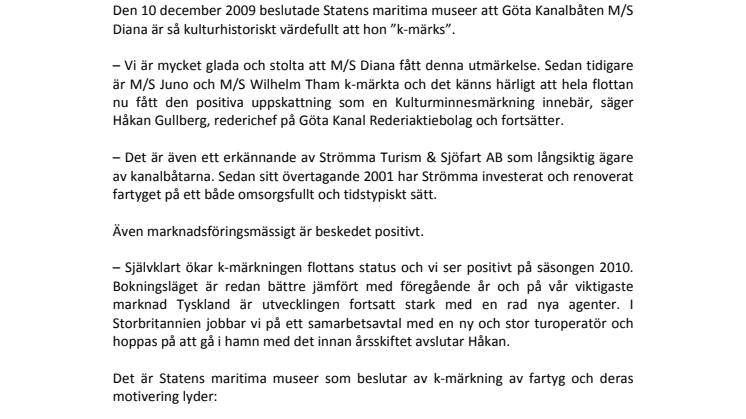 Göta Kanalbåten m/s Diana kulturminnesmärkt