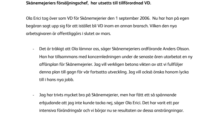 Ola Erici lämnar Skånemejerier