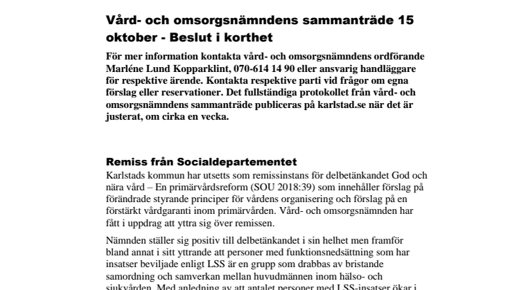 Vård- och omsorgsnämndens beslut i korthet 15 oktober