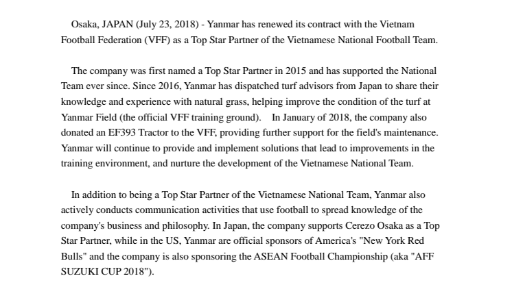 Yanmar Renewals Sponsorship of the Vietnamese National Football Team