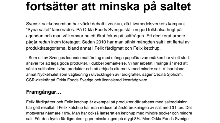 Orkla Foods Sverige fortsätter att minska på saltet