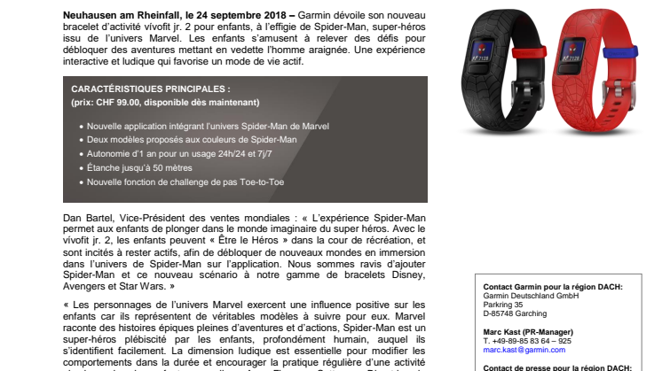 Garmin et Marvel présentent la nouvelle version du bracelet d’activité pour enfants, vívofit jr. 2 et l’application mobile interactive Spider-Man de Marvel