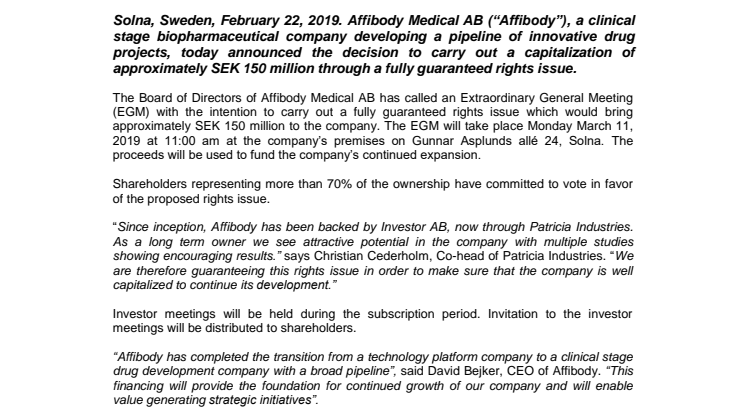 Affibody Announces Fully Guaranteed Rights Issue