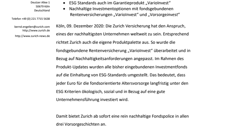 Nachhaltige Altersvorsorge: Zurich setzt bei Rentenversicherungsprodukten auf Einhaltung der ESG-Kriterien 