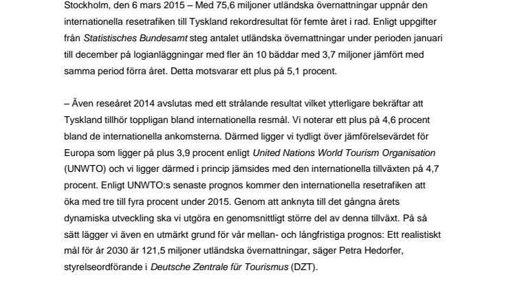 ​Tysklands incoming 2014 slår rekord för femte året i rad och når för första gången över 75 miljoner övernattningar