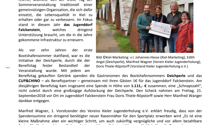Kieler Jugenddorf Falckenstein erhält 1.111 Euro Spende aus Benefiztag Bootshafensommer 2018