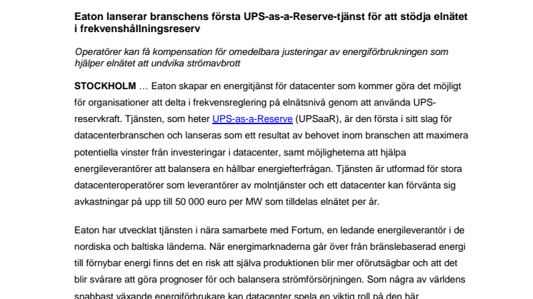 Eaton lanserar branschens första UPS-as-a-Reserve-tjänst för att stödja elnätet i frekvenshållningsreserv