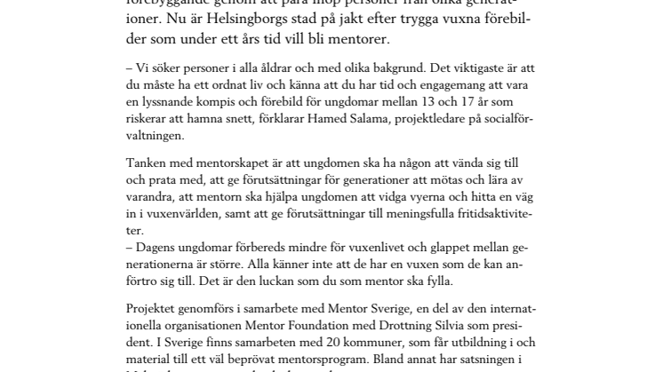 Helsingborgs stad söker mentorer åt ungdomar