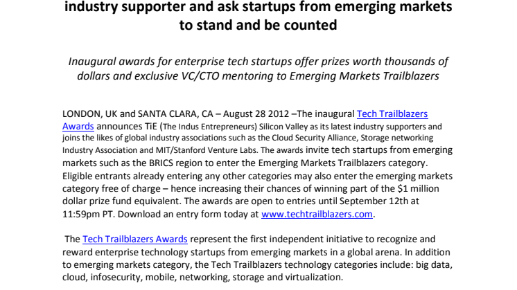 Tech Trailblazers Awards welcomes TiE Silicon Valley as industry supporter and ask startups from emerging markets to stand and be counted