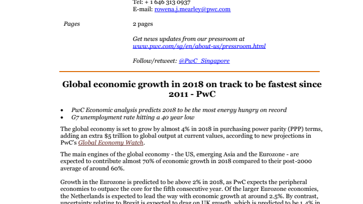 Global economic growth in 2018 on track to be fastest since 2011 - PwC