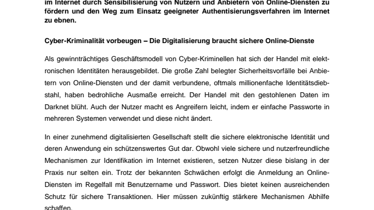 Initiative „Starke Authentisierung – jetzt!“ zur Vorbeugung gegen Cyber-Kriminalität gestartet  