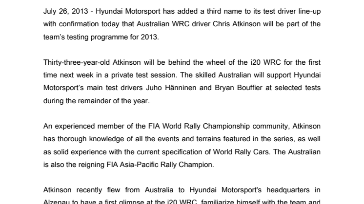 Chris Atkinson er tredje testfører for Hyundai Motorsport