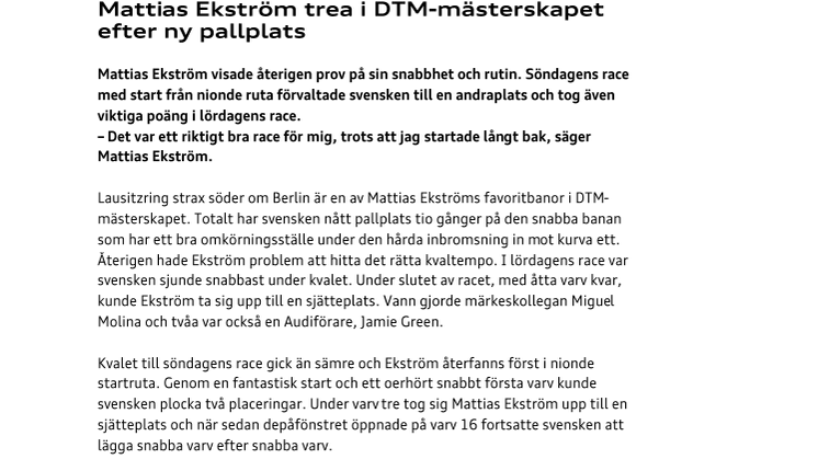 Mattias Ekström trea i DTM-mästerskapet efter ny pallplats