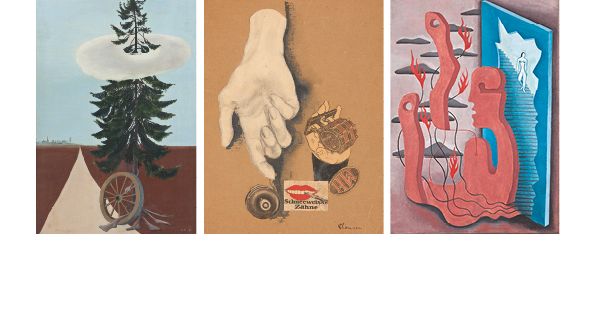 Bildcollage: Elsa Thoresen "Klassiskt landskap" 1937, Fransica Clausen "Skruven" 1926, Rita Kernn-Larsen "Spegelvänd" 1937. Foto: Kunstmuseet i Tønder