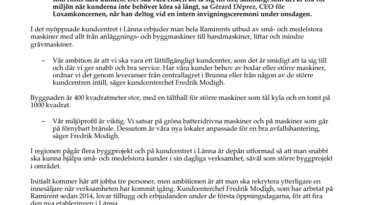 Ramirent öppnar nytt kundcenter i Länna