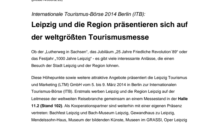Leipzig und die Region präsentieren sich auf der weltgrößten Tourismusmesse