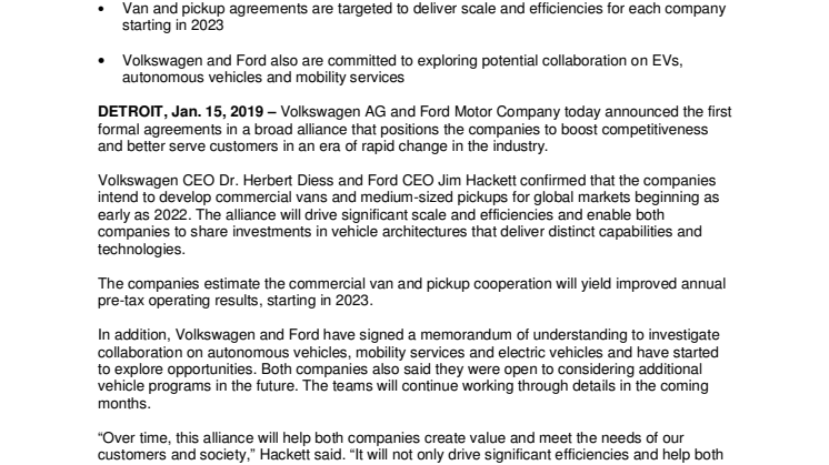 Volkswagen AG and Ford Motor Company Launch Global Alliance