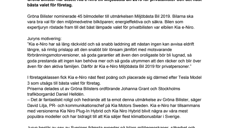 Kia e-Niro utsedd till Miljöbästa Bil 2019