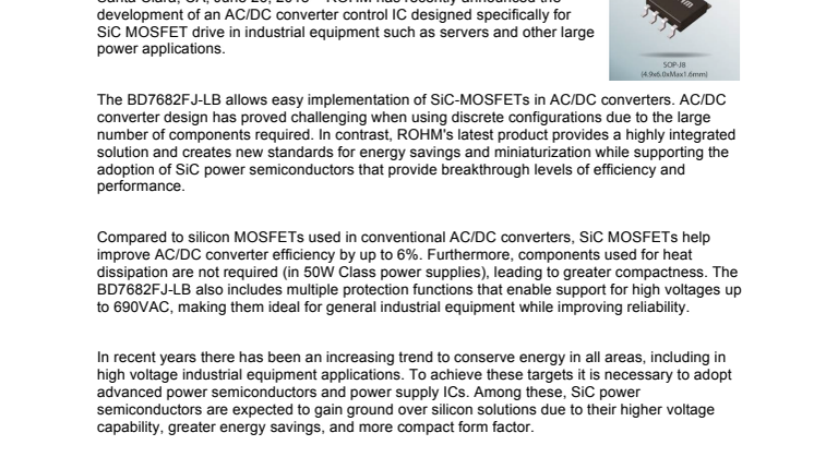 The Industry’s First AC/DC Converter Control IC for SiC Drive -- Enables SiC MOSFET drive to achieve greater energy savings and miniaturization in industrial applications
