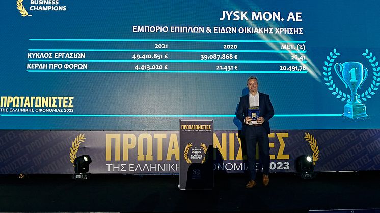 Ο Sandor Szimeiszter, Country Director JYSK Ελλάδας παραλαμβάνει το βραβείο Greek Business Champions