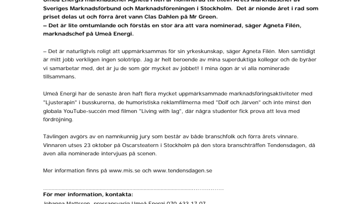 Umeå Energis marknadschef nominerad som Årets Marknadschef