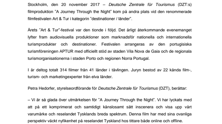 ​Tysklandfilm vinner utmärkelse vid internationella turismfilmfestivalen Art&Tur