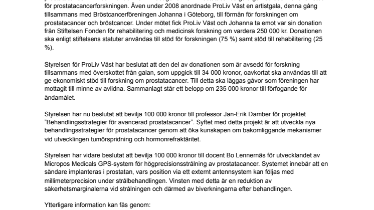 Prostatacancerföreningen ProLiv Väst ger bidrag till forskningen