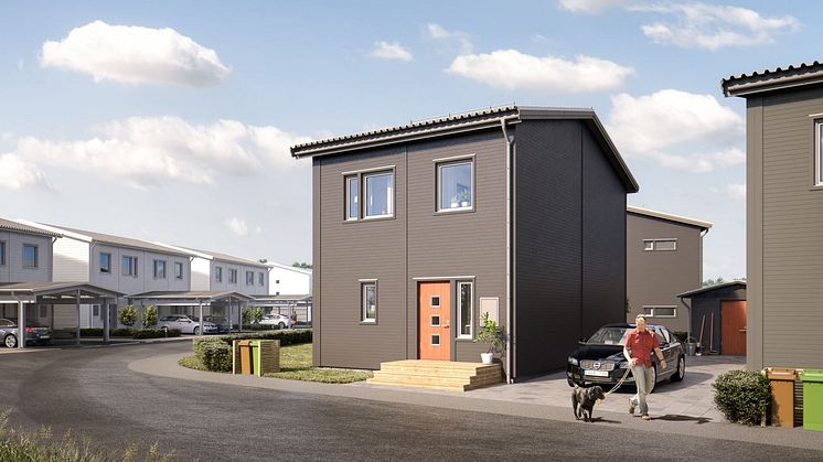 Brf Skriftställaren - 3D-bild av framsida friliggande hus