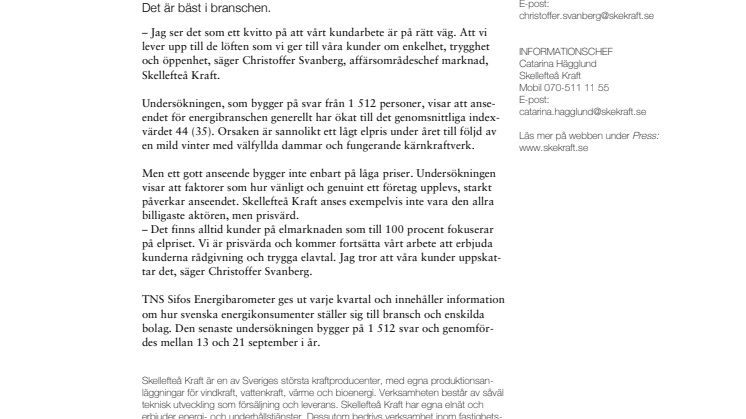Skellefteå Kraft har högst anseende av alla elbolag