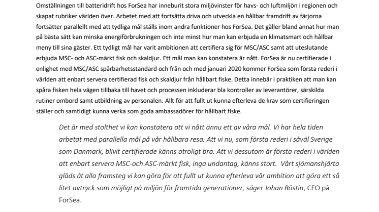 ForSea blir första rederi i Sverige och Danmark som MSC- och ASC-certifieras och världens första rederi som enbart erbjuder MSC-och ASC-märkt fisk- och skaldjur.
