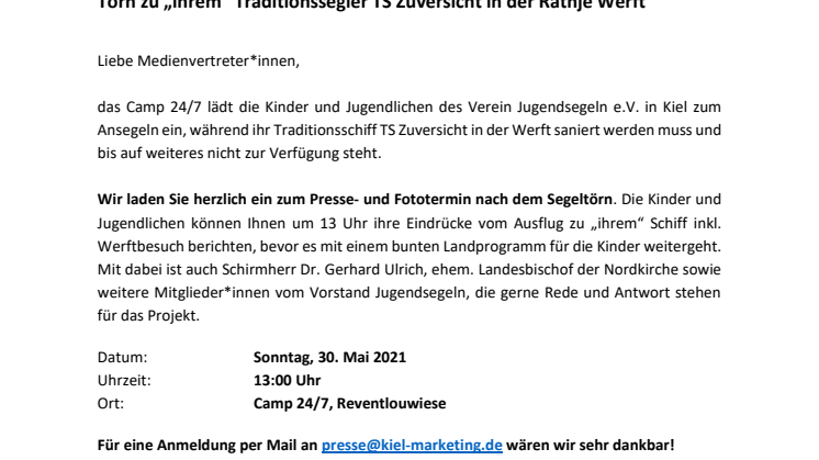 Pressetermin - Kinder segeln auf Kuttern zu ihrer "Zuversicht" in die Werft