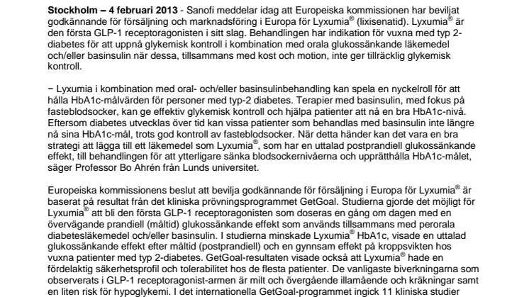 Lyxumia® (lixisenatid) får europeiskt godkännande för behandling av typ 2-diabetes