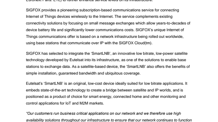 SIGFOX adopts Eutelsat ‘SmartLNB’ satellite technology for Internet of Things network infrastructure