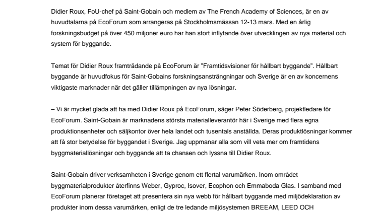 Saint-Gobains FoU-chef gästar Stockholm och talar om framtid, hållbart byggande och miljö