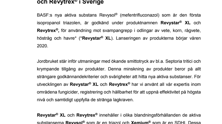 BASF har fått två produktgodkännanden, Revystar® XL och Revytrex® i Sverige