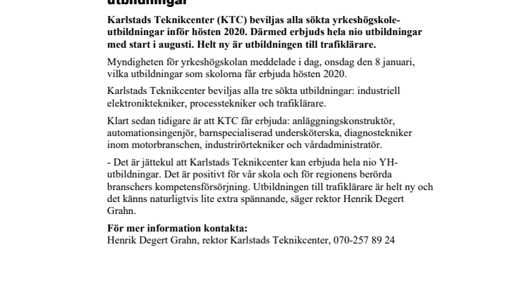 Karlstads Teknikcenter beviljas alla sökta YH-utbildningar