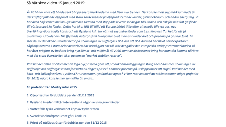Modity månadsbrev - Uppföljning av profetior för 2015