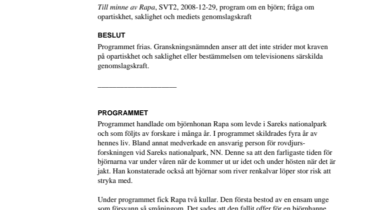 Granskningsnämndens friande av dokumentärfilmen Till minne av Rapa