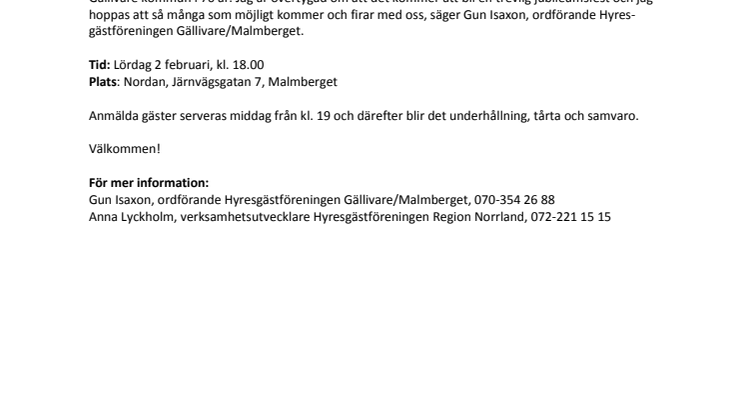 Hyresgästföreningen Gällivare/Malmberget fyller 70 år