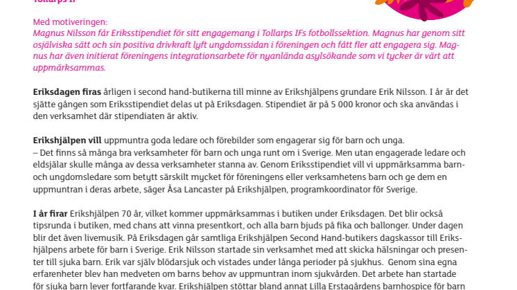 Magnus Nilsson tar emot Eriksstipendiet i Kristianstad