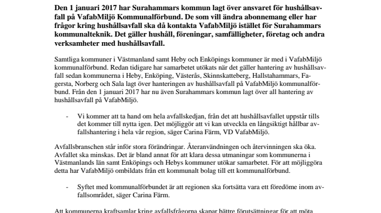 Nu utvidgas avfallssamarbetet med Surahammars kommun