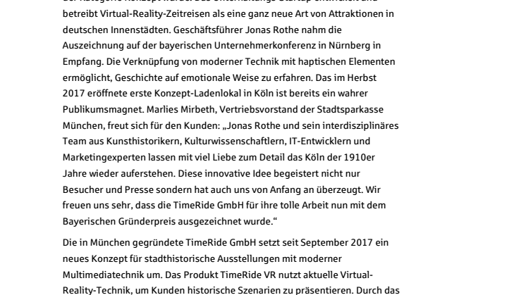 Mit der virtuellen Brille in die Vergangenheit unserer Städte / Kunde der Stadtsparkasse München TimeRide gewinnt Bayerischen Gründerpreis 