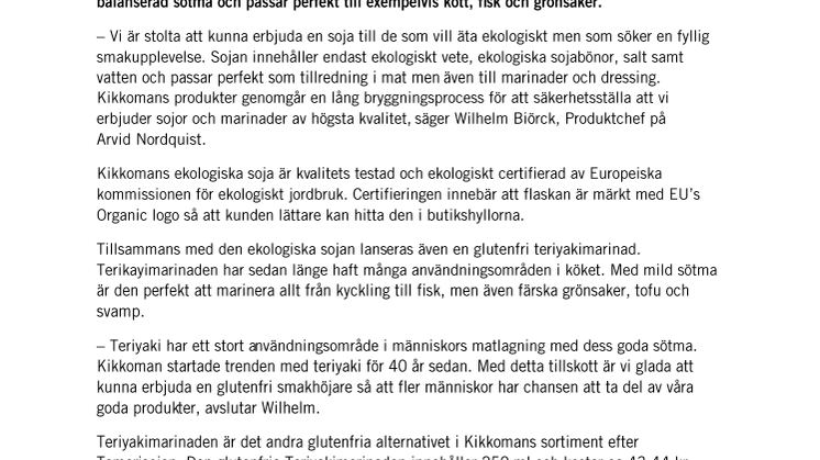 Kikkoman lanserar ekologisk soja och  glutenfri teriyakimarinad 