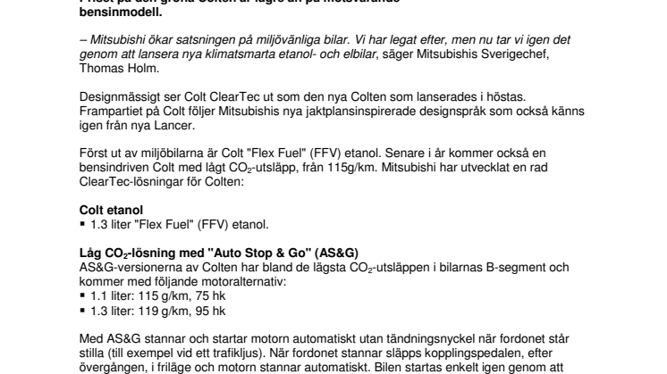 Mitsubishi Colt nu som miljöbil