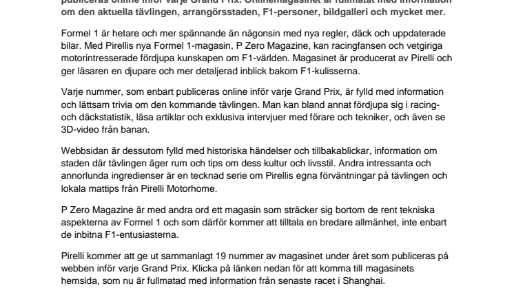 Premiär för Pirellis nya Formel 1-magasin