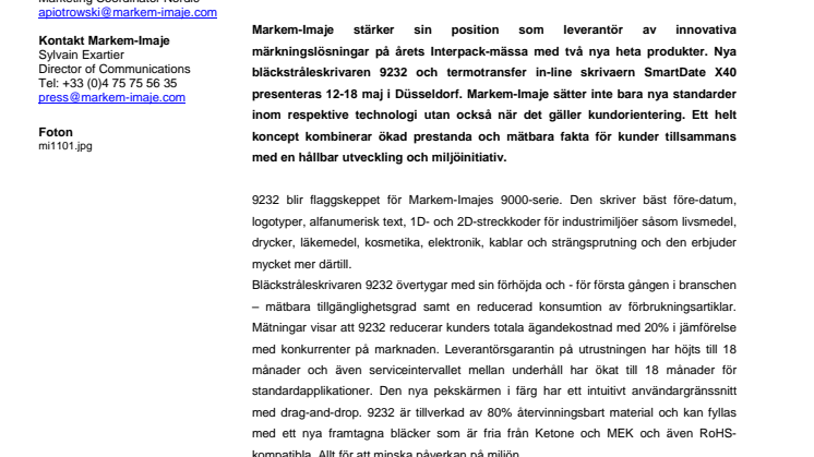 Markem-Imaje på Interpack 2011 - I en klass för sig: Mätbara åtaganden kombinerat med hållbar utveckling